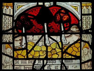 Vindue N3, der viser verdens sidste femten dage (Pryke of Conscience-vinduet): jorden sluger sten (farvet glas) af English School